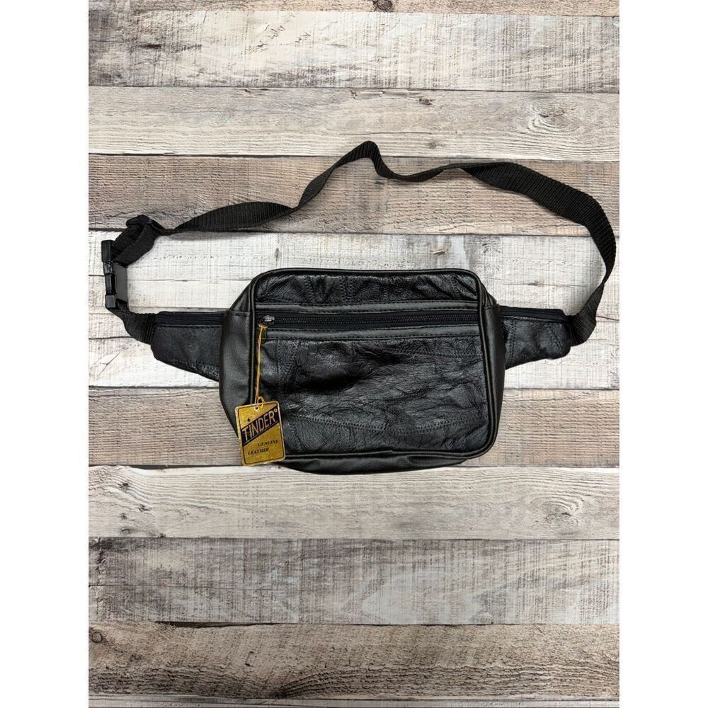 NWT Vintage 80s Tinder Genuine Leather Black Multi Pocket Hands Free Belt Bag